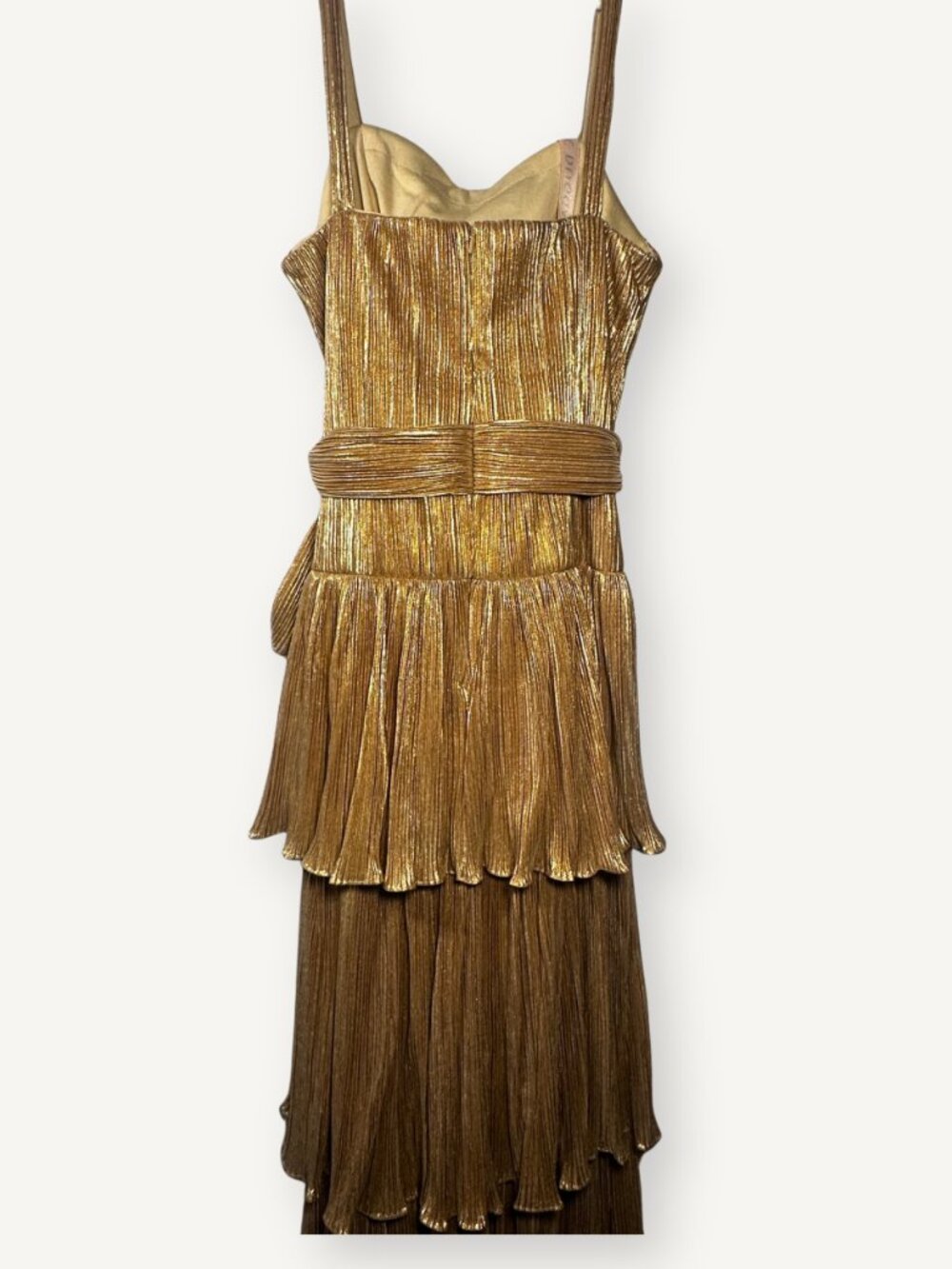 NWT Mac Duggal Antique Gold Pleated Tiered Midi Dress Size 2 - Picture 5 of 6